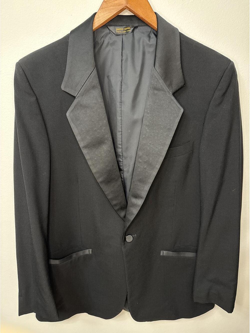 Vintage Pierre Cardin Tuxedo Jacket 43R Black Satin Peak Lapel Made USA Formal
